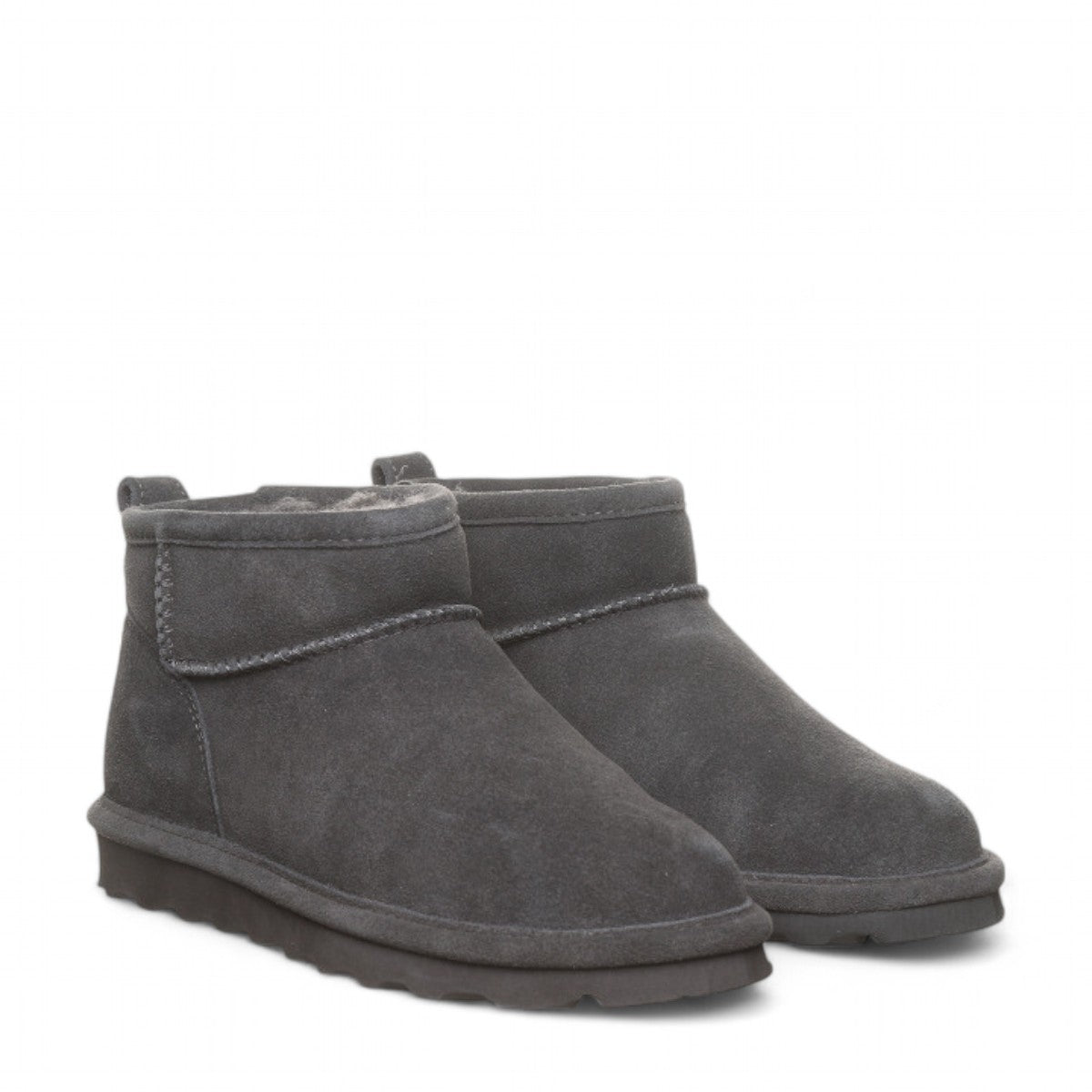 BEARPAW Shorty ankle boots in graphite grey suede with wool lining and durable rubber outsole
