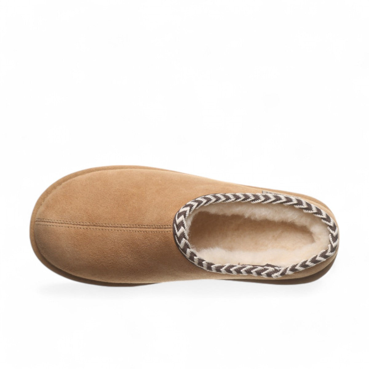 BEARPAW Tabitha iced coffee suede slipper with wool lining and decorative webbing tape accent