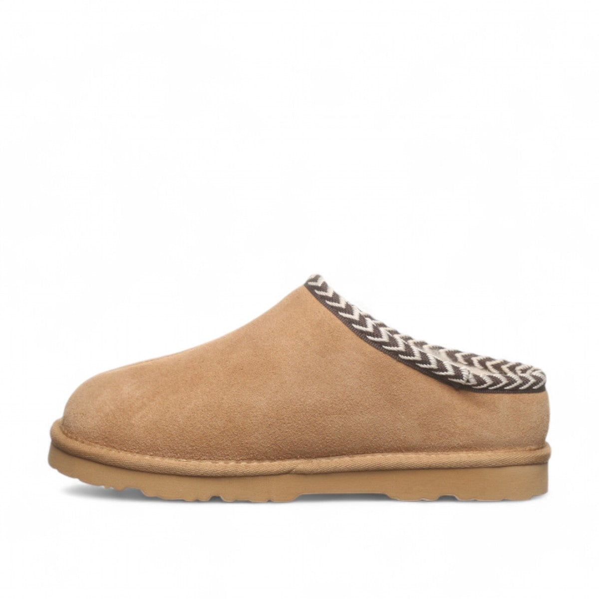 BEARPAW Tabitha iced coffee suede slipper with wool lining and decorative webbing tape accent