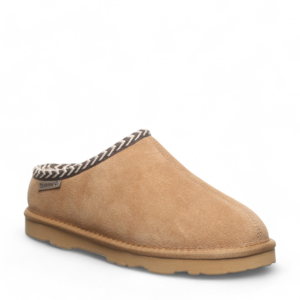 BEARPAW Tabitha iced coffee suede slipper with wool lining and decorative webbing tape accent