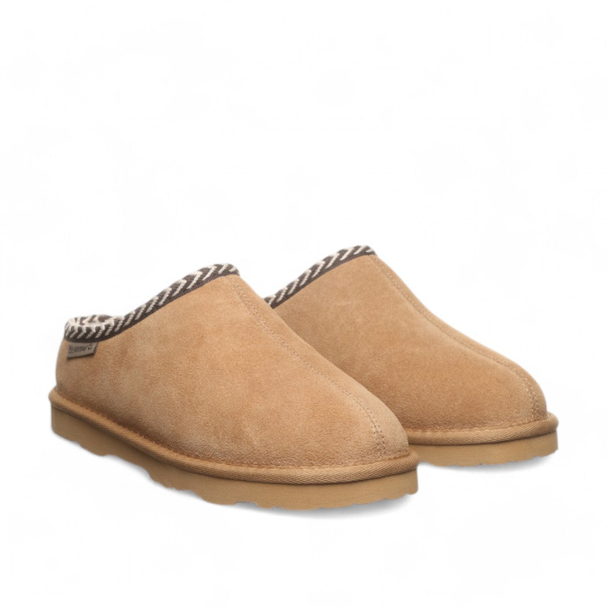BEARPAW Tabitha iced coffee suede slipper with wool lining and decorative webbing tape accent
