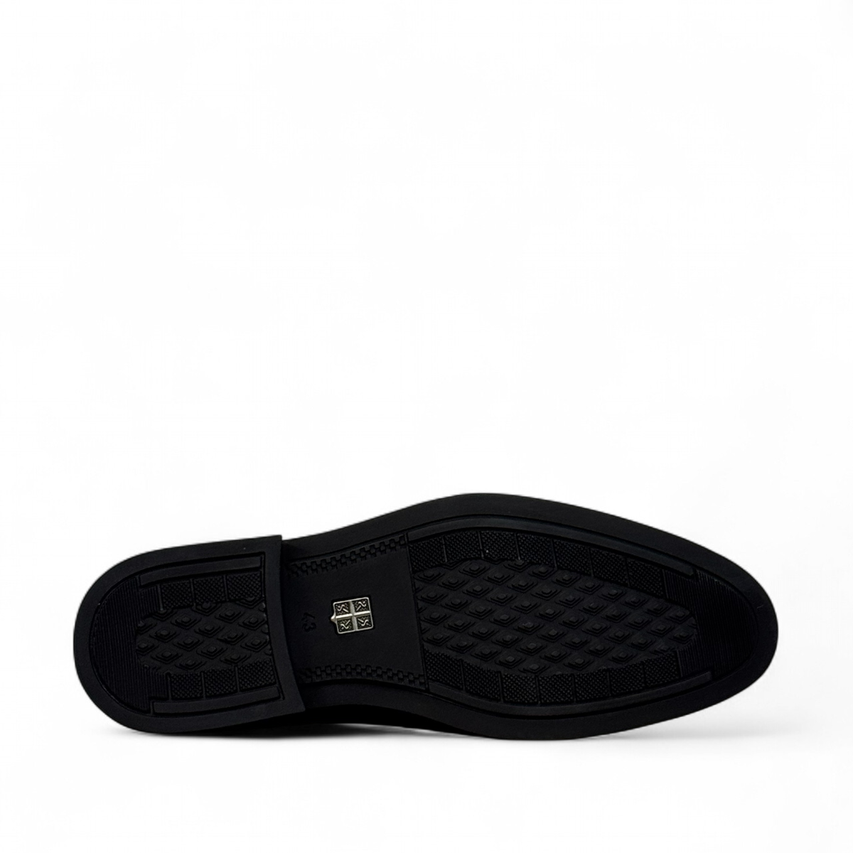 Benelli Anbaran black leather men's dress shoe with a lace-up design and durable rubber outsole. Photo of bottom view.