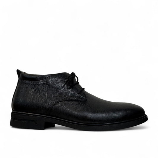 Benelli Khazan black leather men's ankle boots with a textured finish and durable rubber outsole. Photo of right side view.