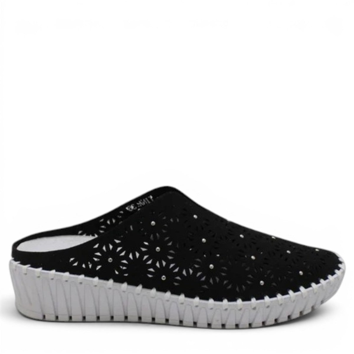 Bernie Mev Tina black slip-on loafers with perforated fabric upper and white rubber platform sole