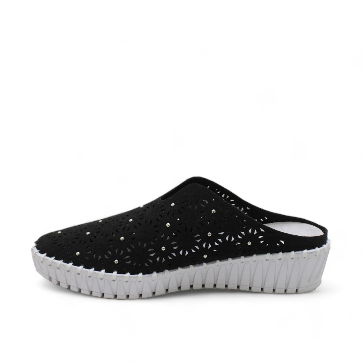 Bernie Mev Tina black slip-on loafers with perforated fabric upper and white rubber platform sole