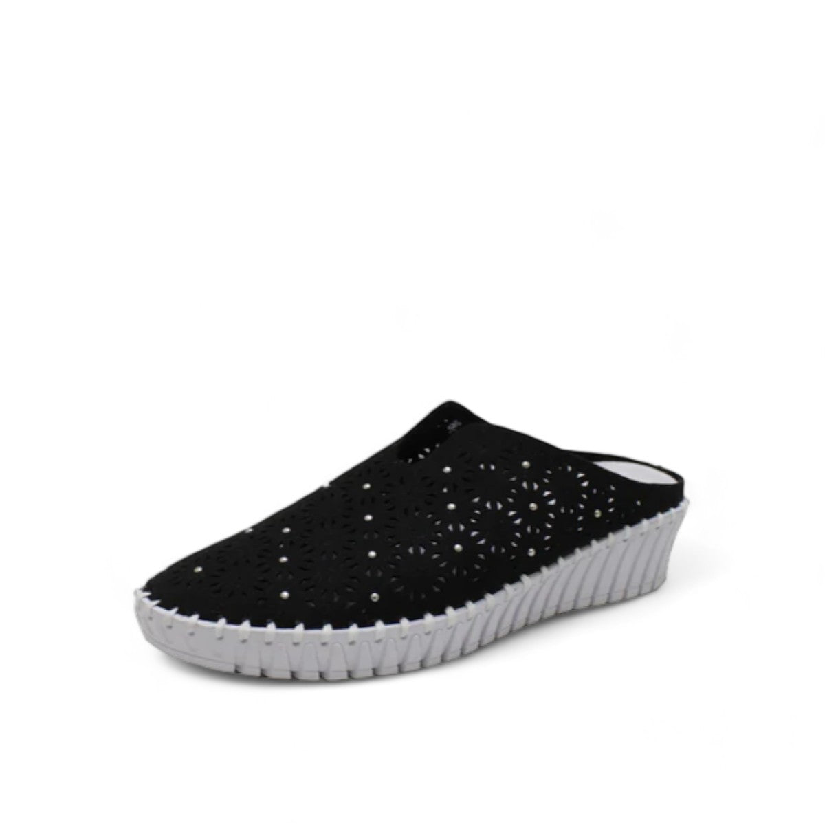 Bernie Mev Tina black slip-on loafers with perforated fabric upper and white rubber platform sole