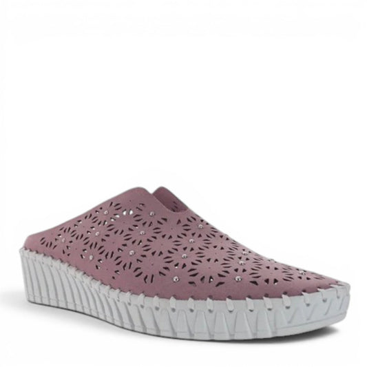 Bernie Mev Tina mauve slip-on loafers with perforated fabric upper, embellishments, and rubber sole.