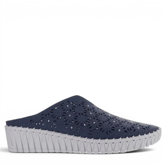 Bernie Mev Tina navy slip-on loafers with perforated fabric upper, embellishments, and rubber sole.