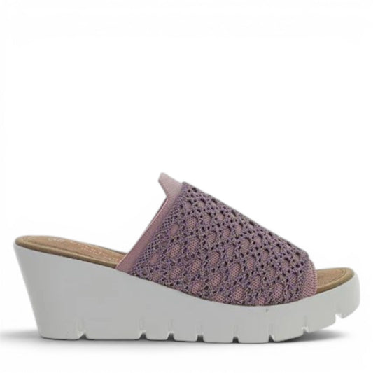 Bernie Mev Venti grape purple crochet wedge sandal with a breathable elastic upper and white sole