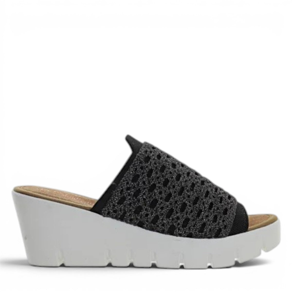 Bernie Mev Venti wedge sandal in black crochet with a white platform sole and open toe design.