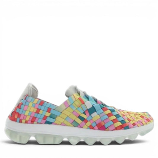 Bernie Mev Victoria Gummes walking shoe in candy camo woven textile with a memory foam sole.