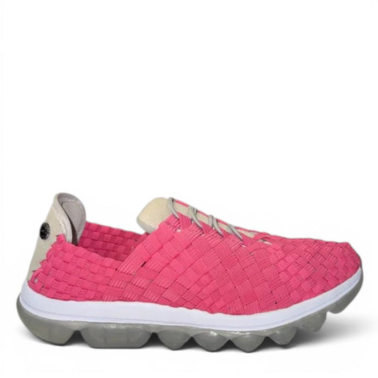 Bernie Mev Victoria Gummes hot pink woven walking shoe with memory foam footbed and flexible rubber sole