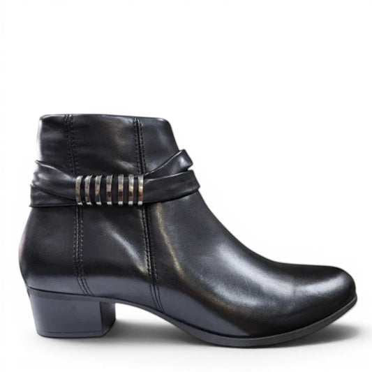 Biotime Asha black ankle boots in genuine embossed leather with side zipper and decorative ankle strap
