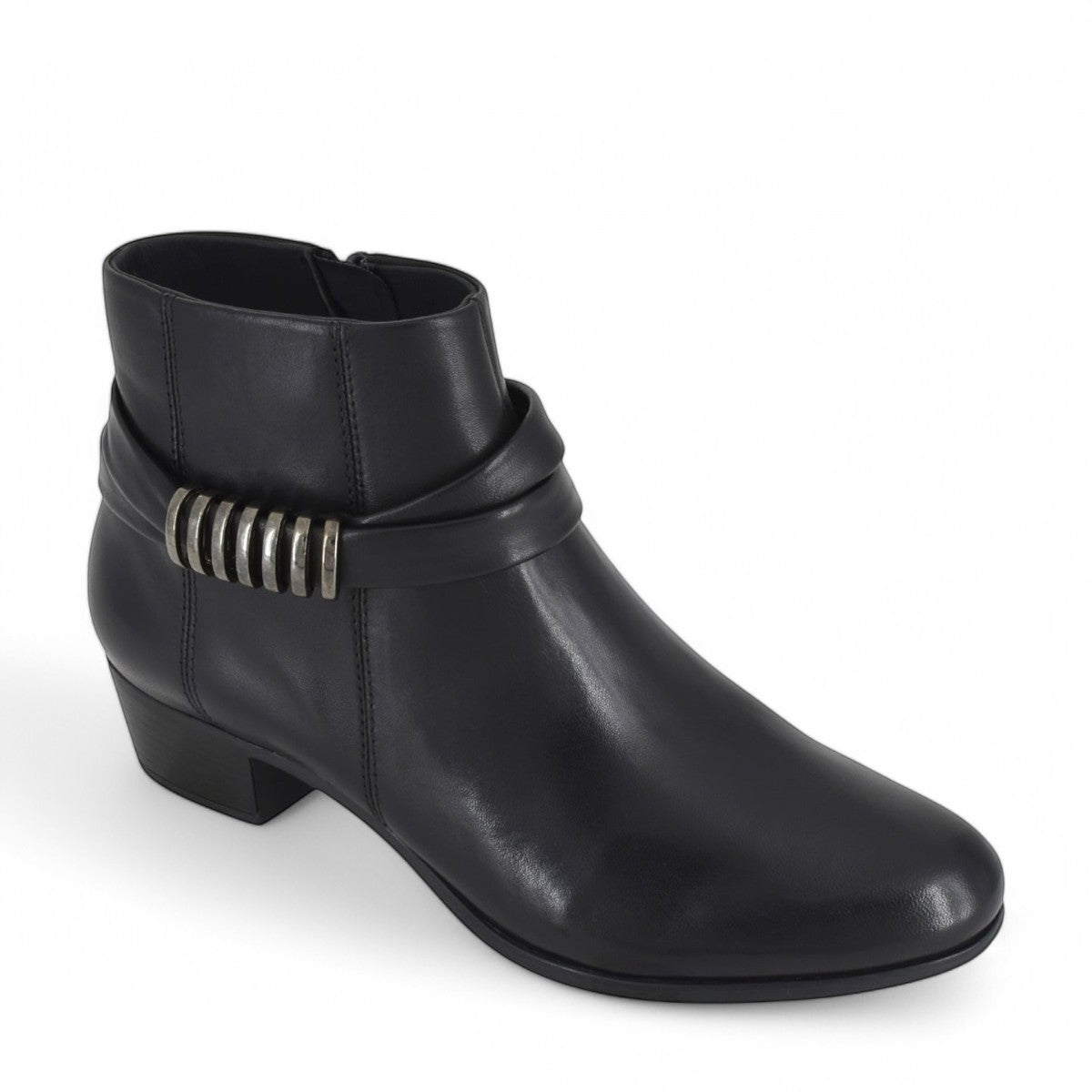 Biotime Asha black ankle boots in genuine embossed leather with side zipper and decorative ankle strap