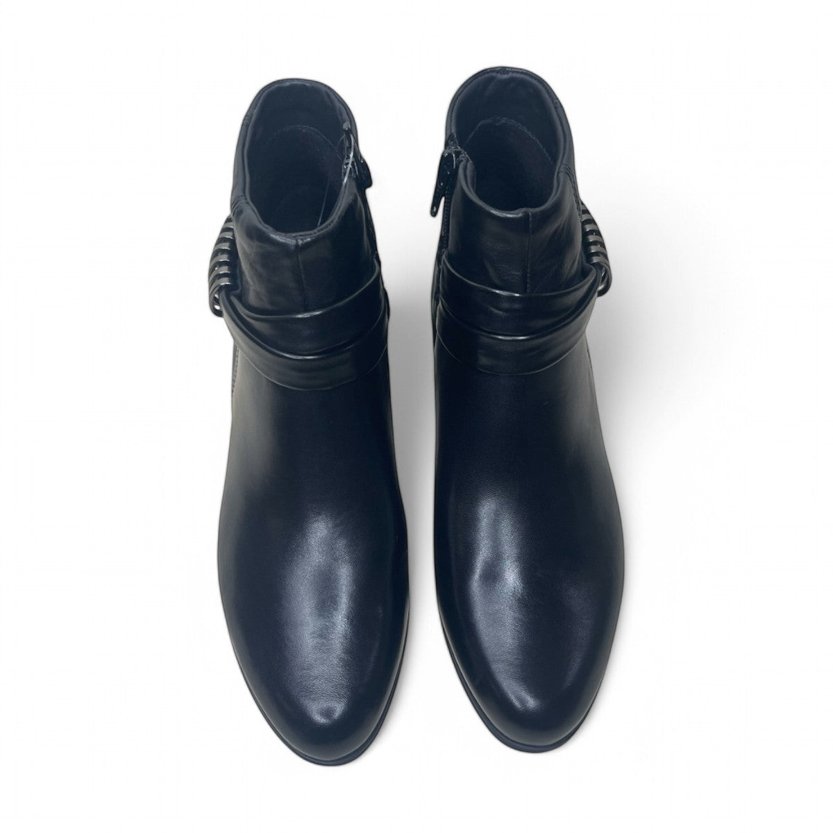 Biotime Asha black ankle boots in genuine embossed leather with side zipper and decorative ankle strap
