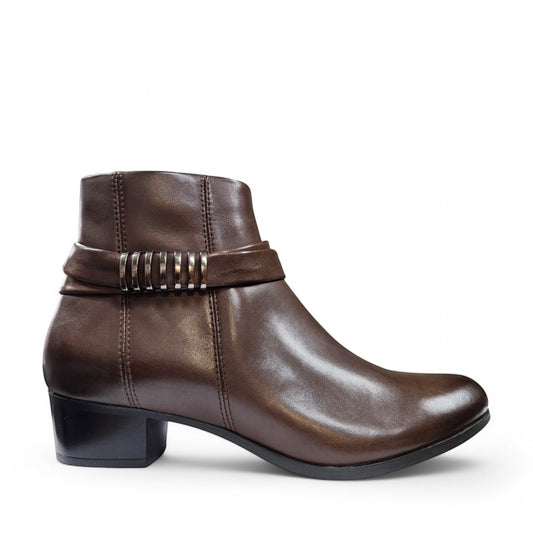 Biotime Asha brown embossed leather ankle boots with a decorative strap and low block heel.