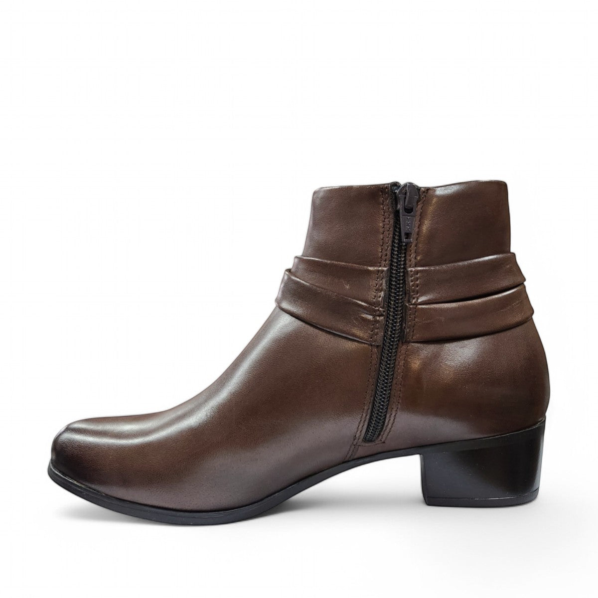 Biotime Asha brown embossed leather ankle boots with a decorative strap and low block heel.