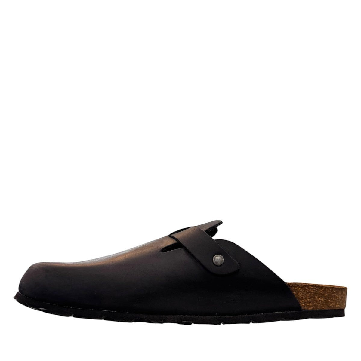 Biotime Burly black leather clogs showing the textured EVA outsole and cork footbed from below.