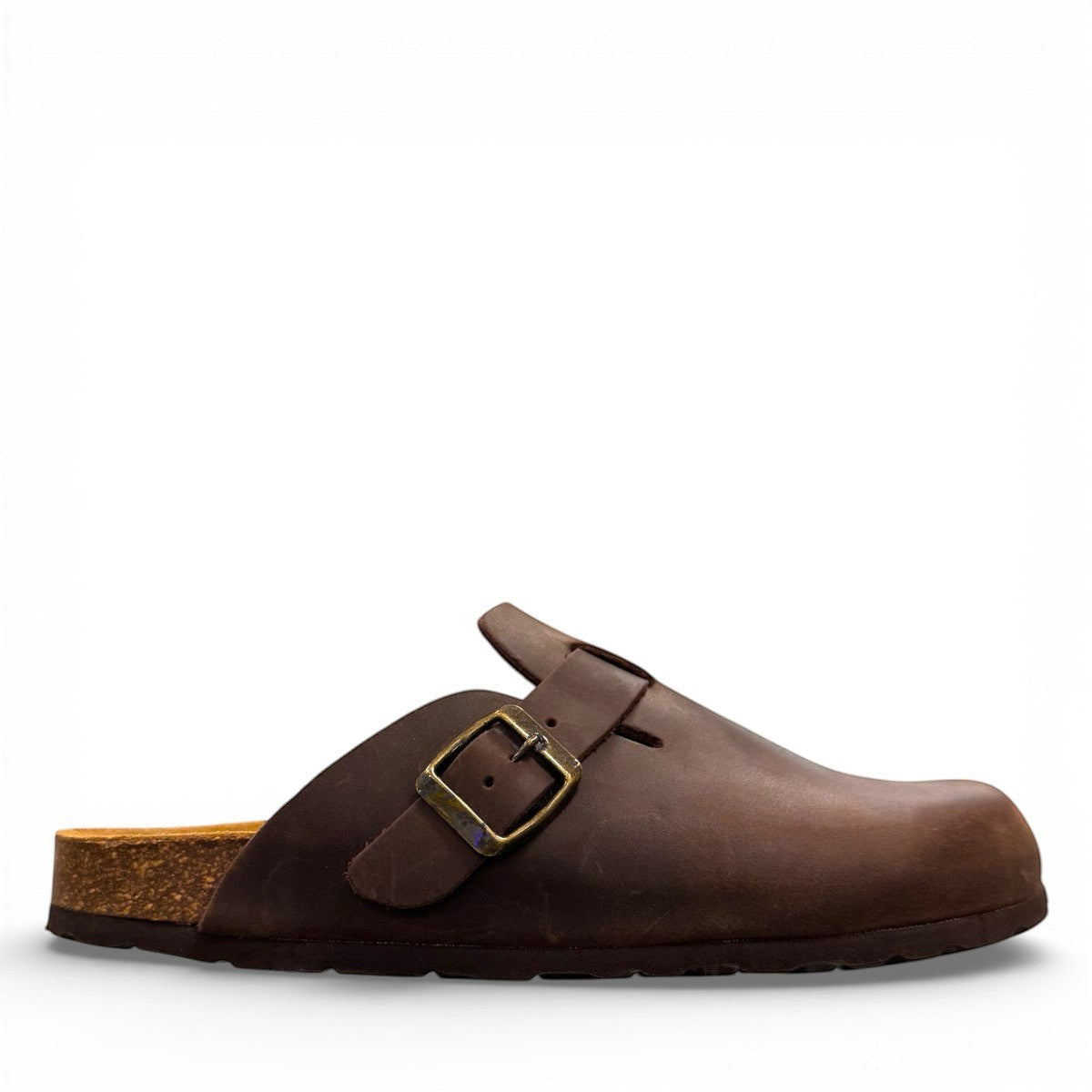 Biotime Burly dark brown oiled leather clogs showing the patterned EVA outsole and cork footbed.