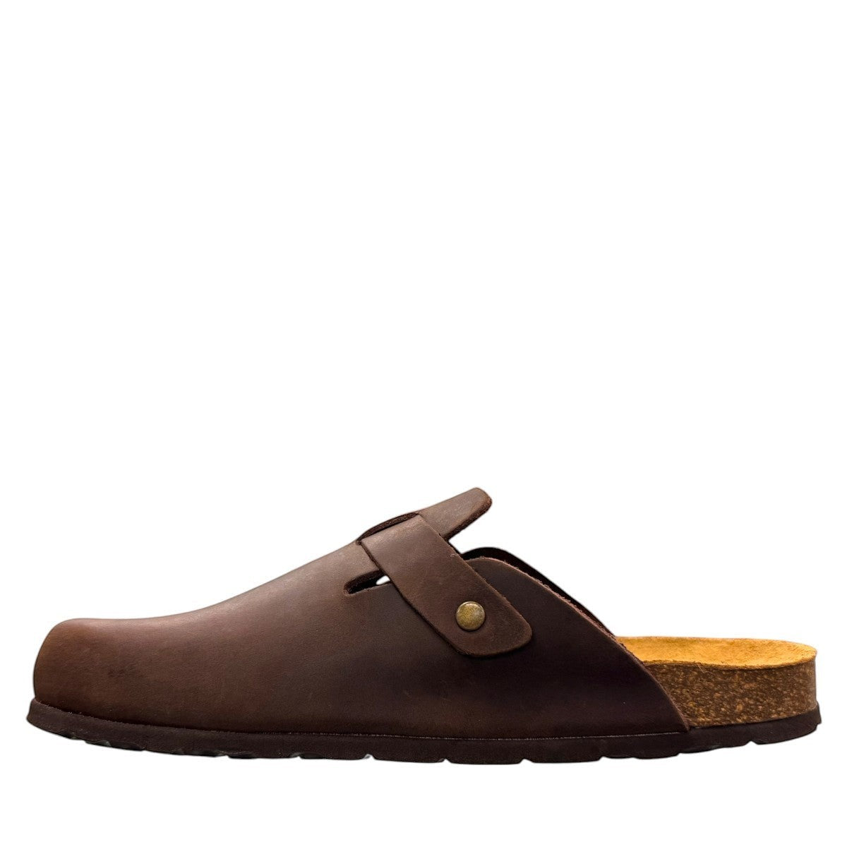 Biotime Burly dark brown oiled leather clogs showing the patterned EVA outsole and cork footbed.