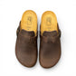 Biotime Burly dark brown oiled leather clogs showing the patterned EVA outsole and cork footbed.