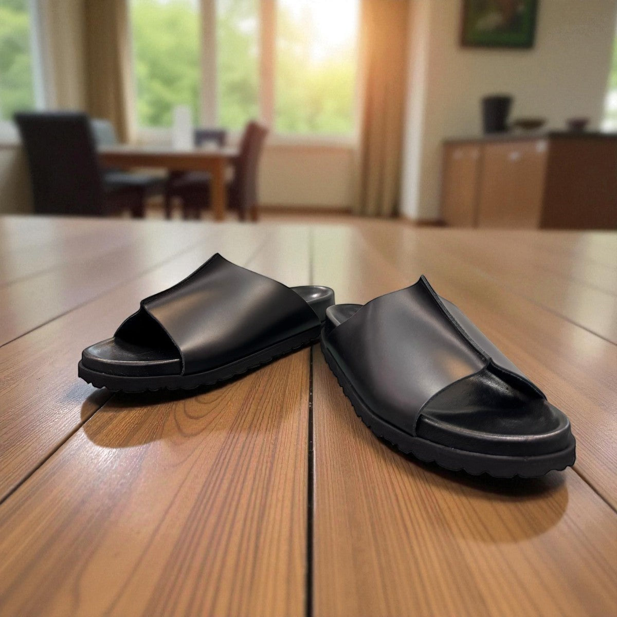 Biotime Eldora black genuine leather slide sandals with cushioned footbed and textured EVA outsole