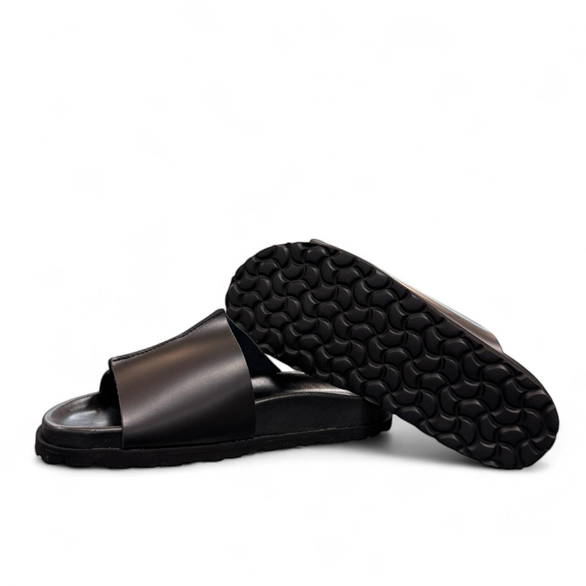 Biotime Eldora black genuine leather slide sandals with cushioned footbed and textured EVA outsole