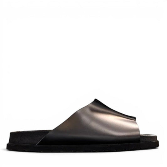 Biotime Eldora black genuine leather slide sandals with cushioned footbed and textured EVA outsole