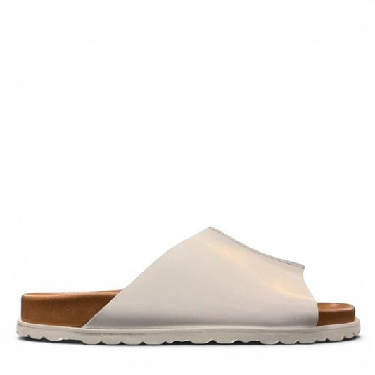 Biotime Eldora white leather slide sandals with cushioned footbed and textured EVA outsole