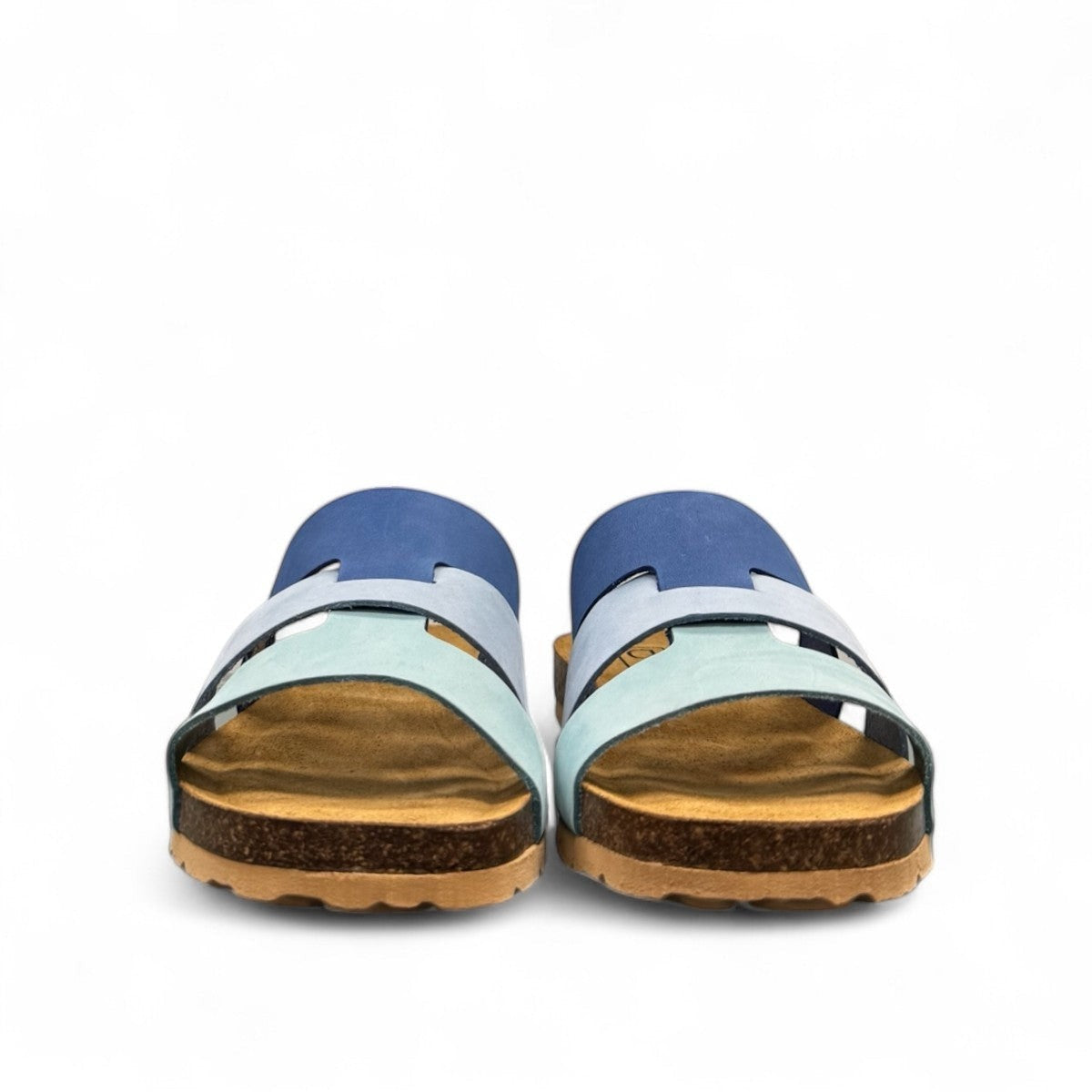 Biotime Jacinta blue nubuck sandals with contoured cork footbed and textured EVA outsole