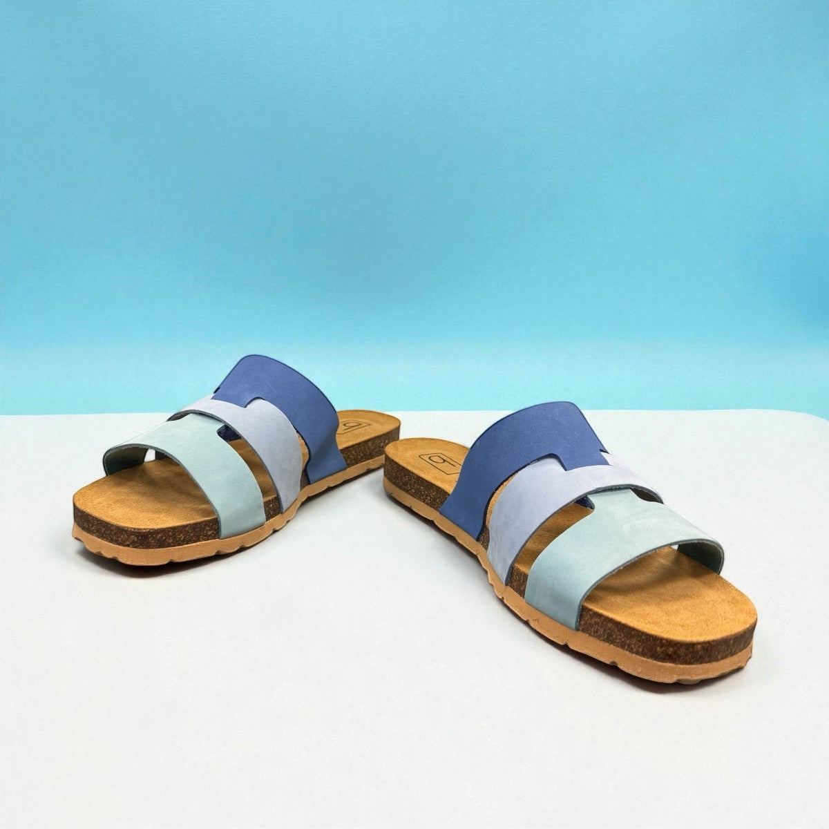 Biotime Jacinta blue nubuck sandals with contoured cork footbed and textured EVA outsole