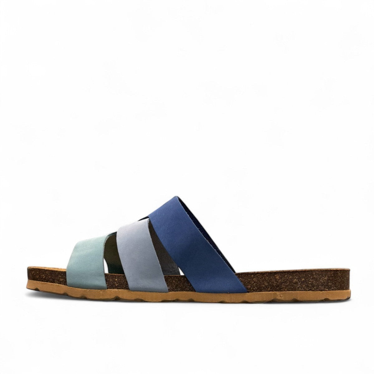 Biotime Jacinta blue nubuck sandals with contoured cork footbed and textured EVA outsole