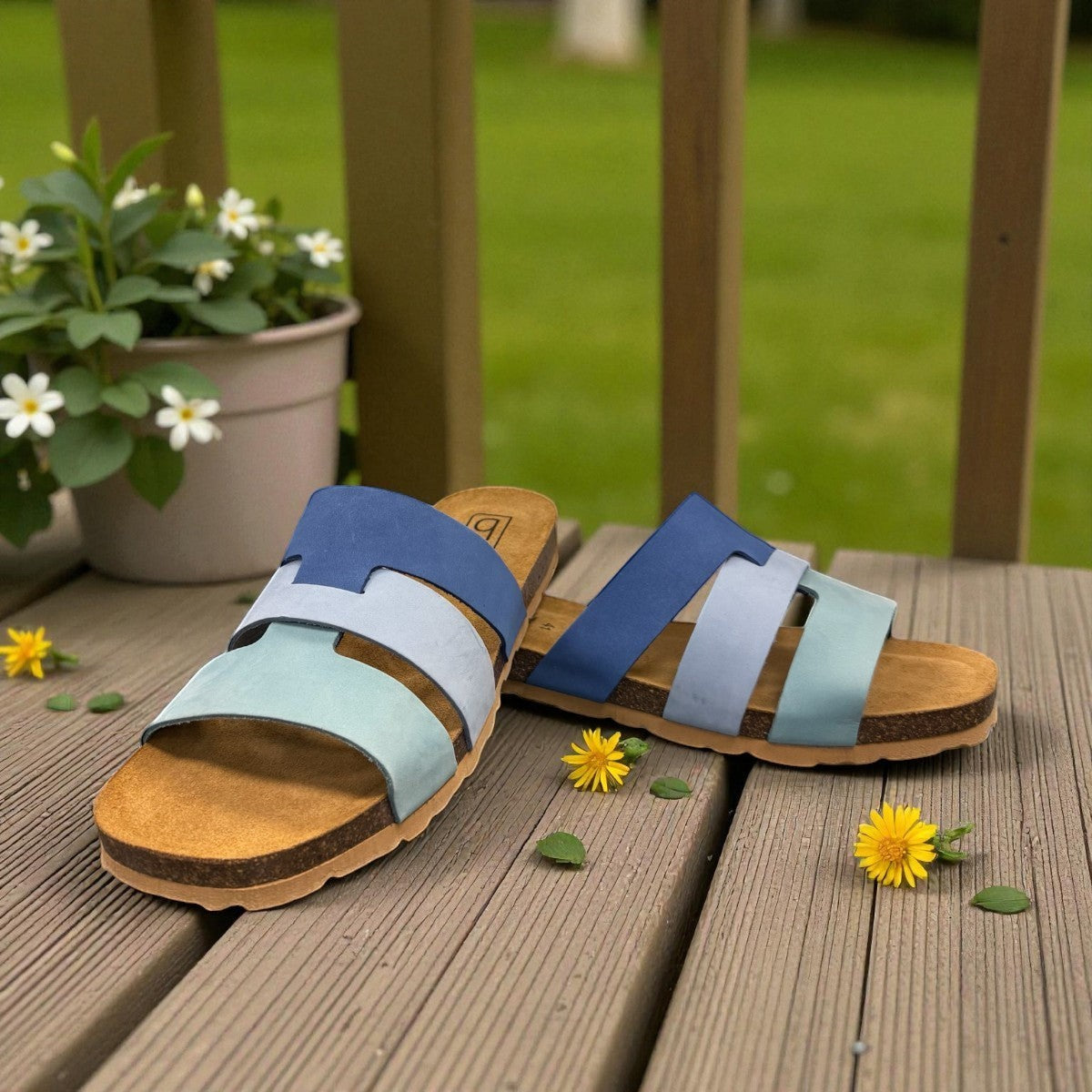 Biotime Jacinta blue nubuck sandals with contoured cork footbed and textured EVA outsole