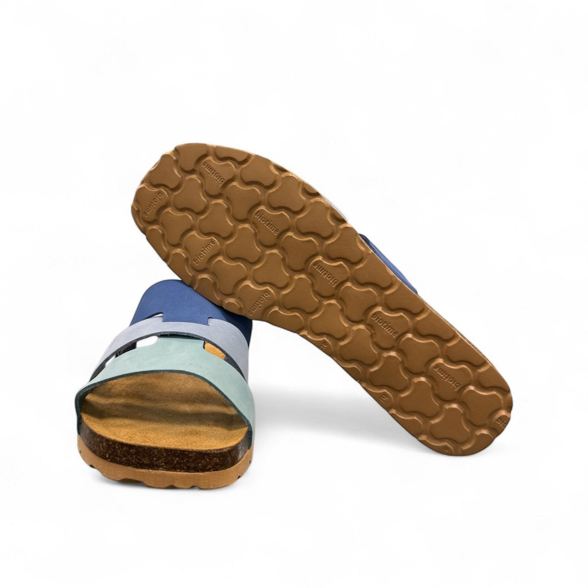 Biotime Jacinta blue nubuck sandals with contoured cork footbed and textured EVA outsole