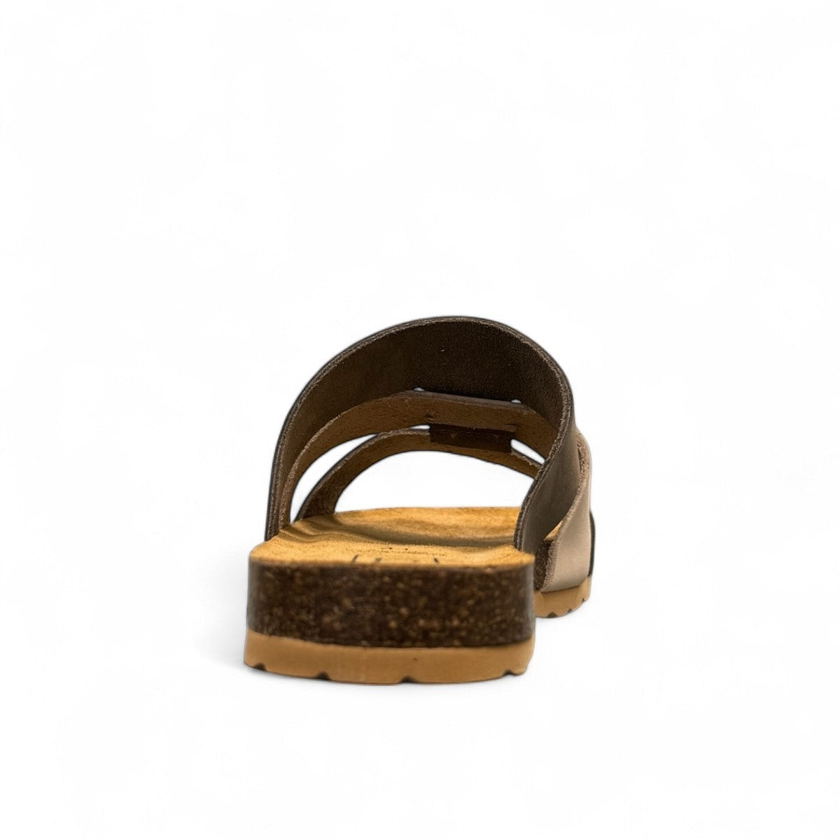 Biotime Jacinta khaki nubuck slide sandal with a contoured cork footbed and soft EVA outsole