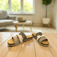 Biotime Jacinta khaki nubuck slide sandal with a contoured cork footbed and soft EVA outsole