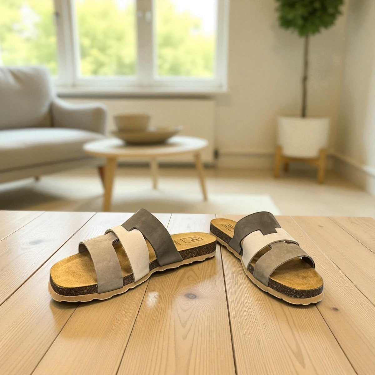 Biotime Jacinta khaki nubuck slide sandal with a contoured cork footbed and soft EVA outsole