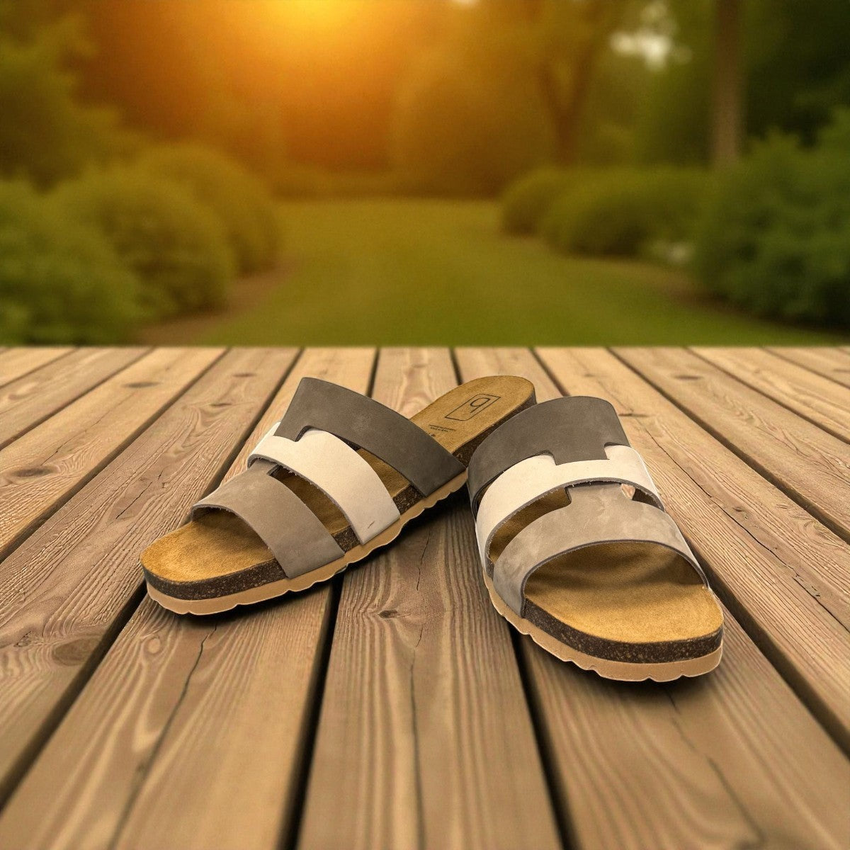 Biotime Jacinta khaki nubuck slide sandal with a contoured cork footbed and soft EVA outsole