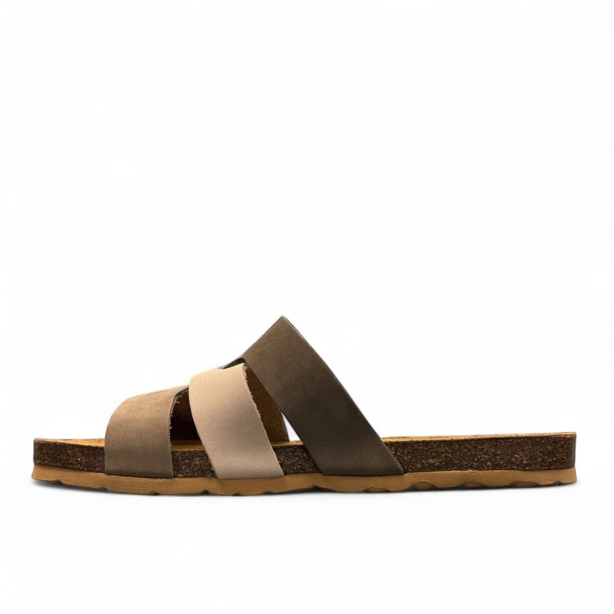 Biotime Jacinta khaki nubuck slide sandal with a contoured cork footbed and soft EVA outsole
