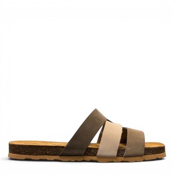 Biotime Jacinta khaki nubuck slide sandal with a contoured cork footbed and soft EVA outsole