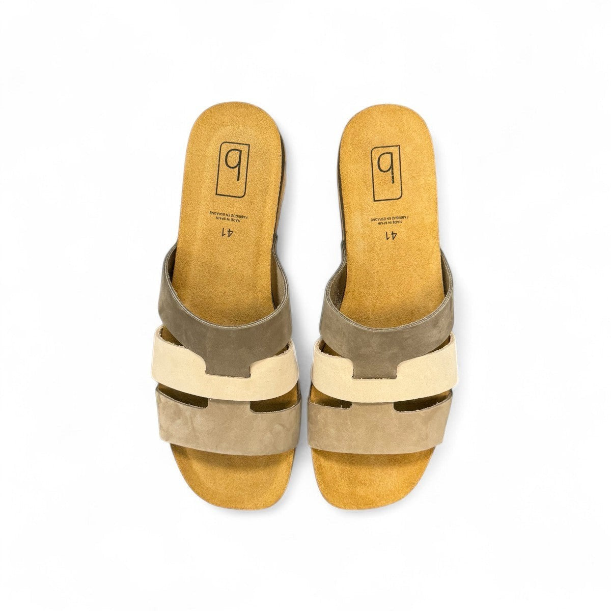 Biotime Jacinta khaki nubuck slide sandal with a contoured cork footbed and soft EVA outsole