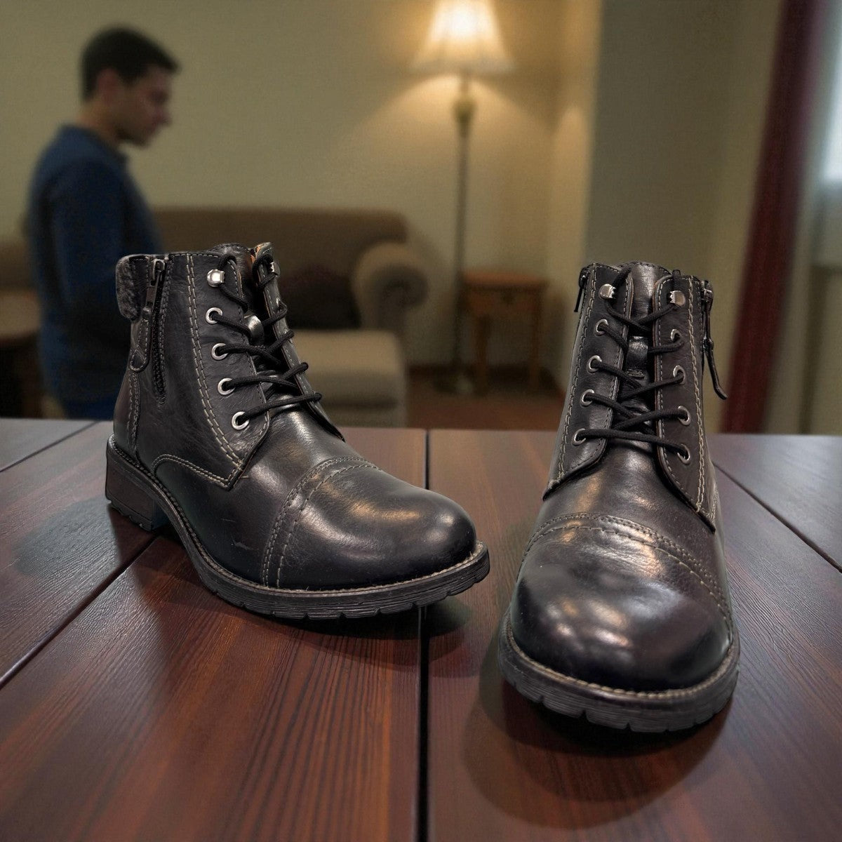 Biotime Stella black leather boots with lace-up front, side zippers, and durable treaded TPR outsoles.