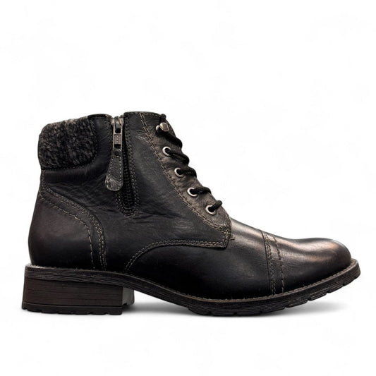Biotime Stella black leather boots with lace-up front, side zippers, and durable treaded TPR outsoles.