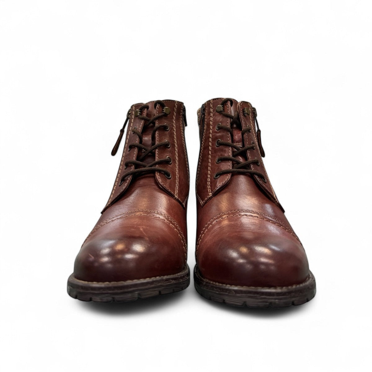 Biotime Stella burgundy leather boots with dual zippers, laces, and durable traction outsoles.