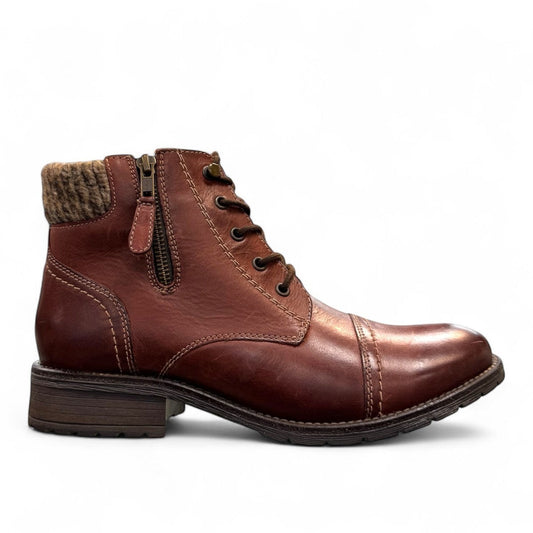 Biotime Stella burgundy leather boots with dual zippers, laces, and durable traction outsoles.