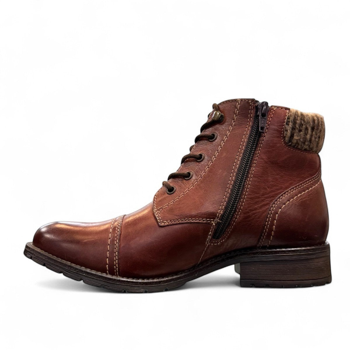 Biotime Stella burgundy leather boots with dual zippers, laces, and durable traction outsoles.