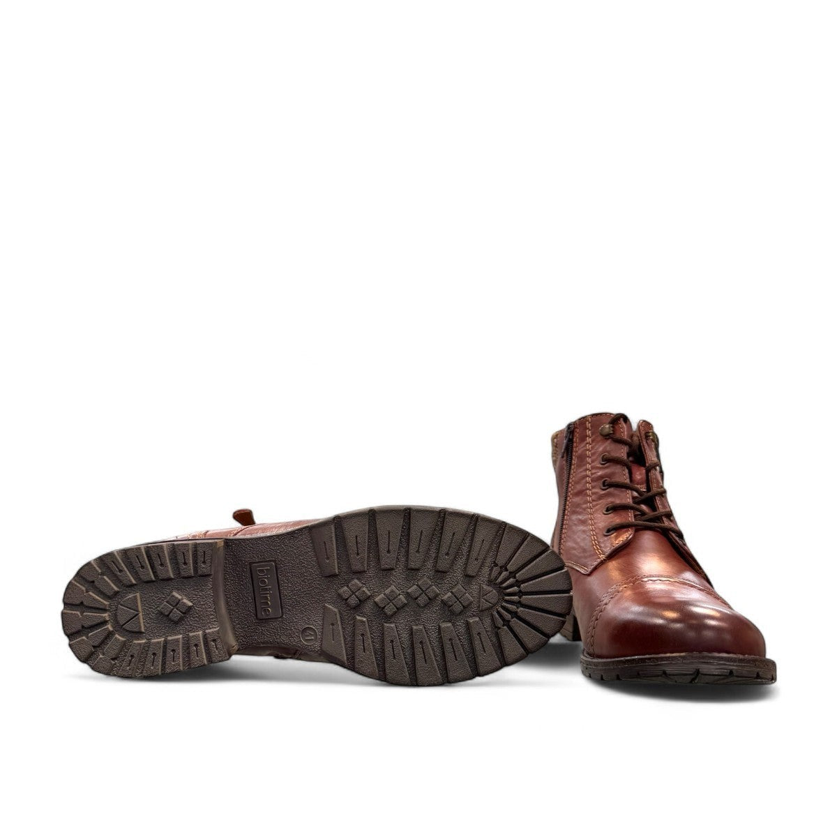 Biotime Stella burgundy leather boots with dual zippers, laces, and durable traction outsoles.