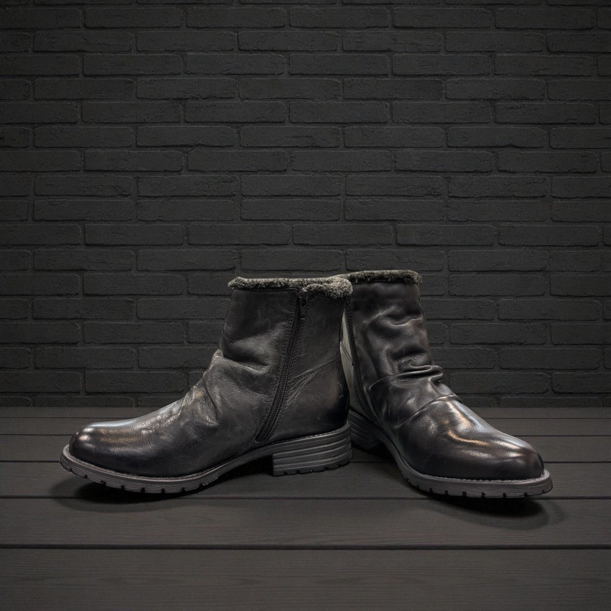 Biotime Talia black leather winter boots with faux fur collar and durable lug sole