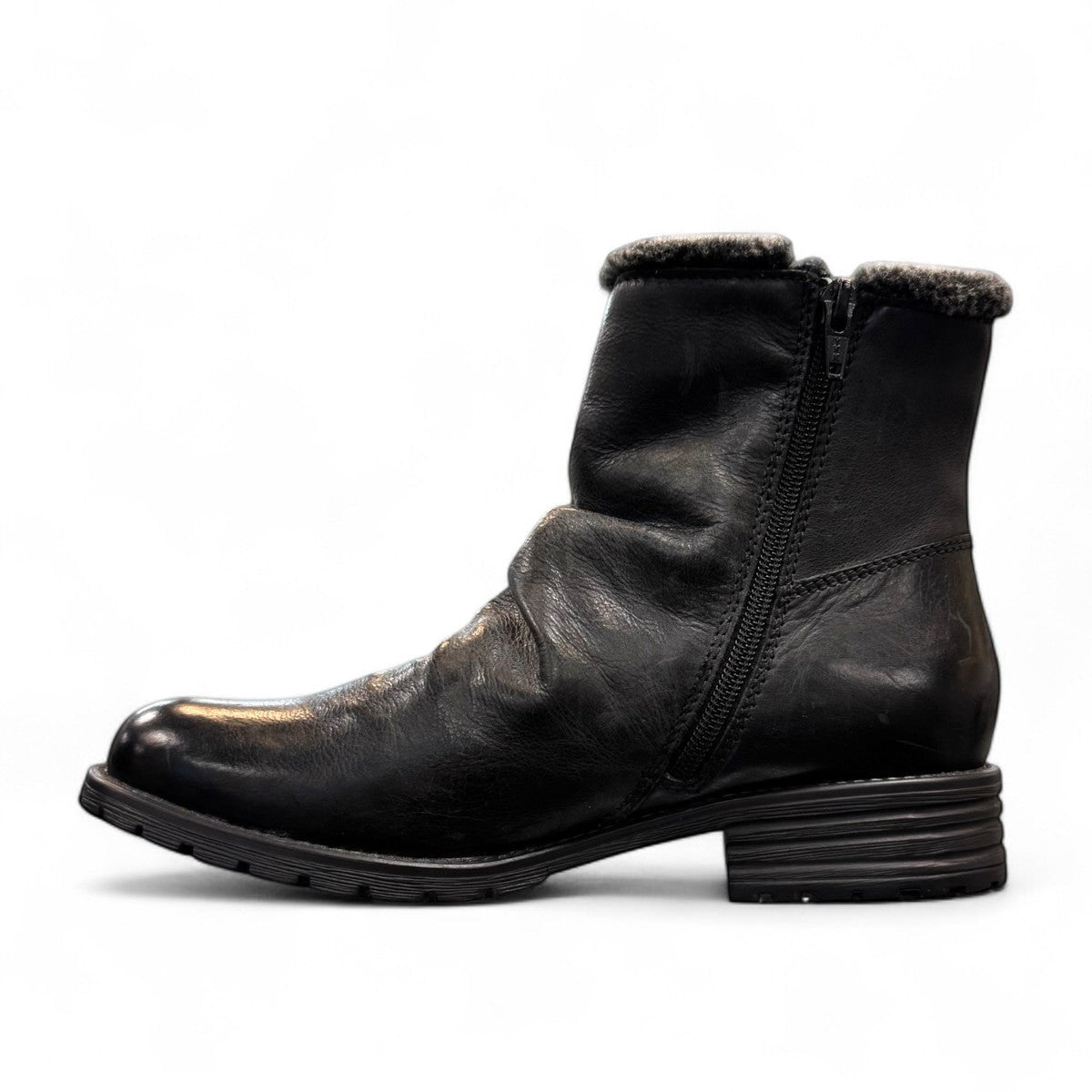 Biotime Talia black leather winter boots with faux fur collar and durable lug sole