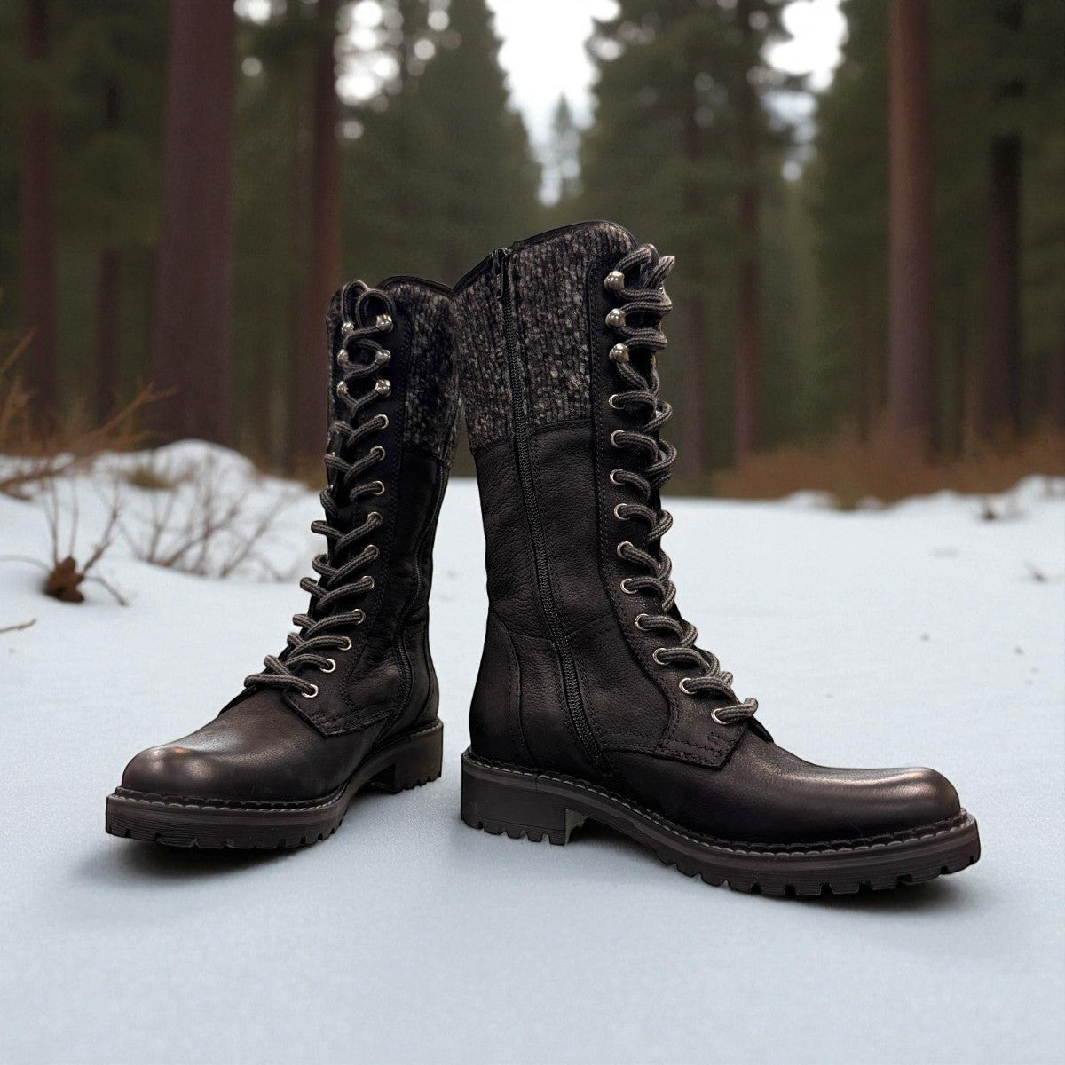 Biotime Taya black leather tall lace-up boots with a warm wool lining and durable lug sole.